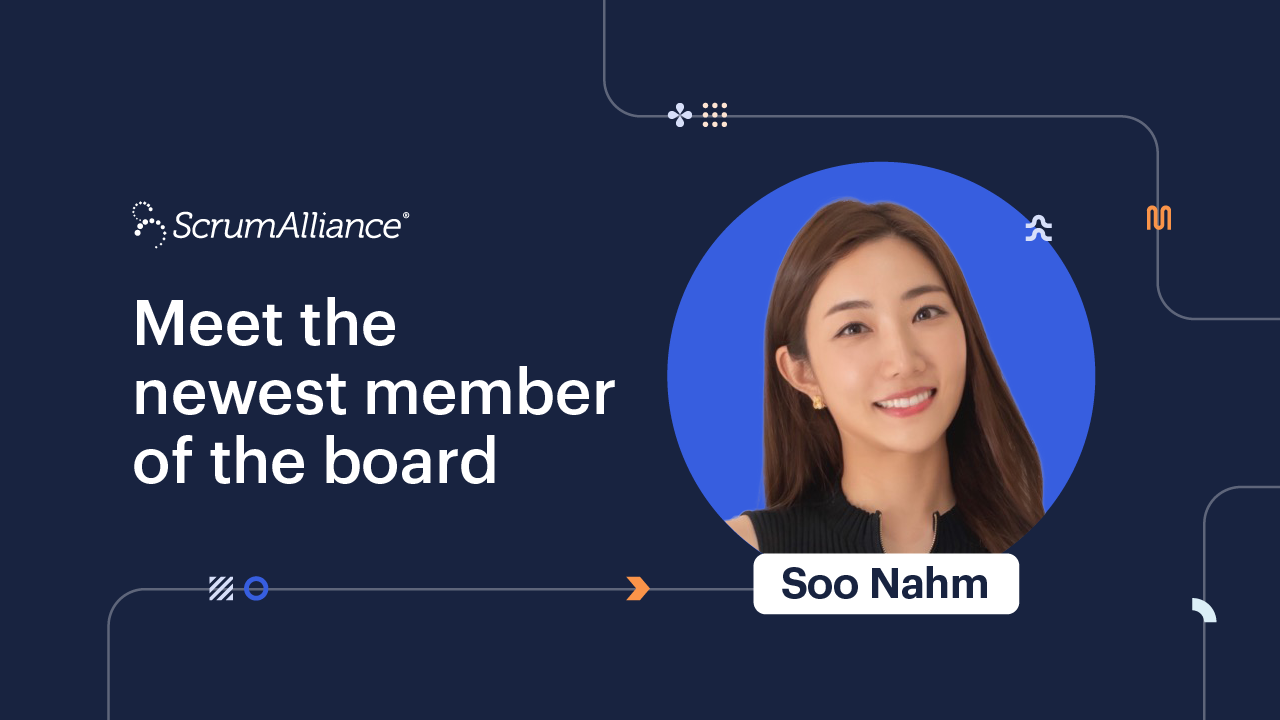 A Scrum Alliance graphic showing the newest board member Soo Nahm